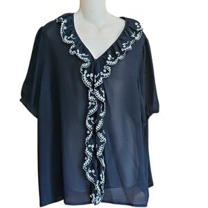 Roaman's Chiffon Elegant Blouse White Embroidery semi sheer snap button Plus 18W